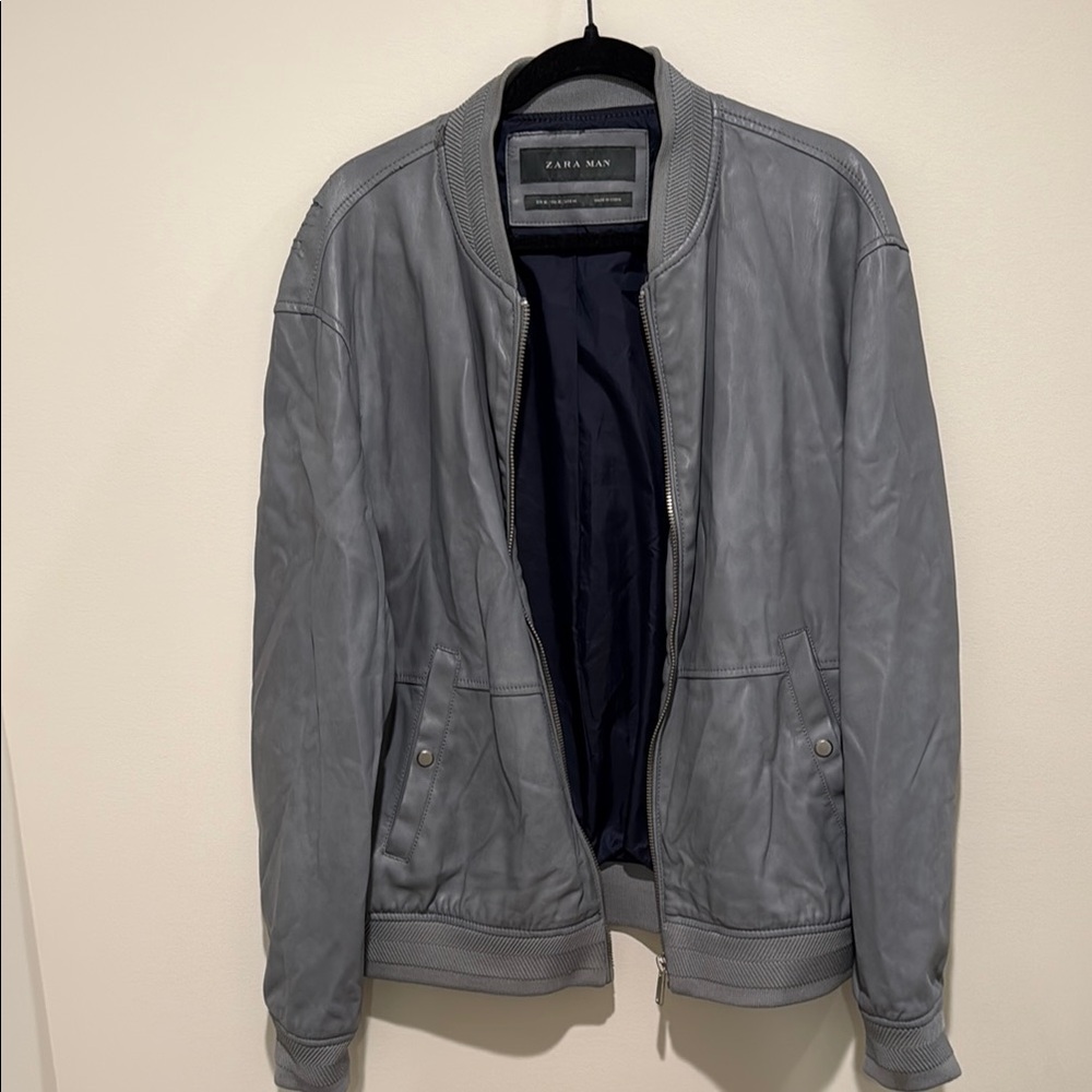 Zara Men's Gray Leather Bomber Jacket